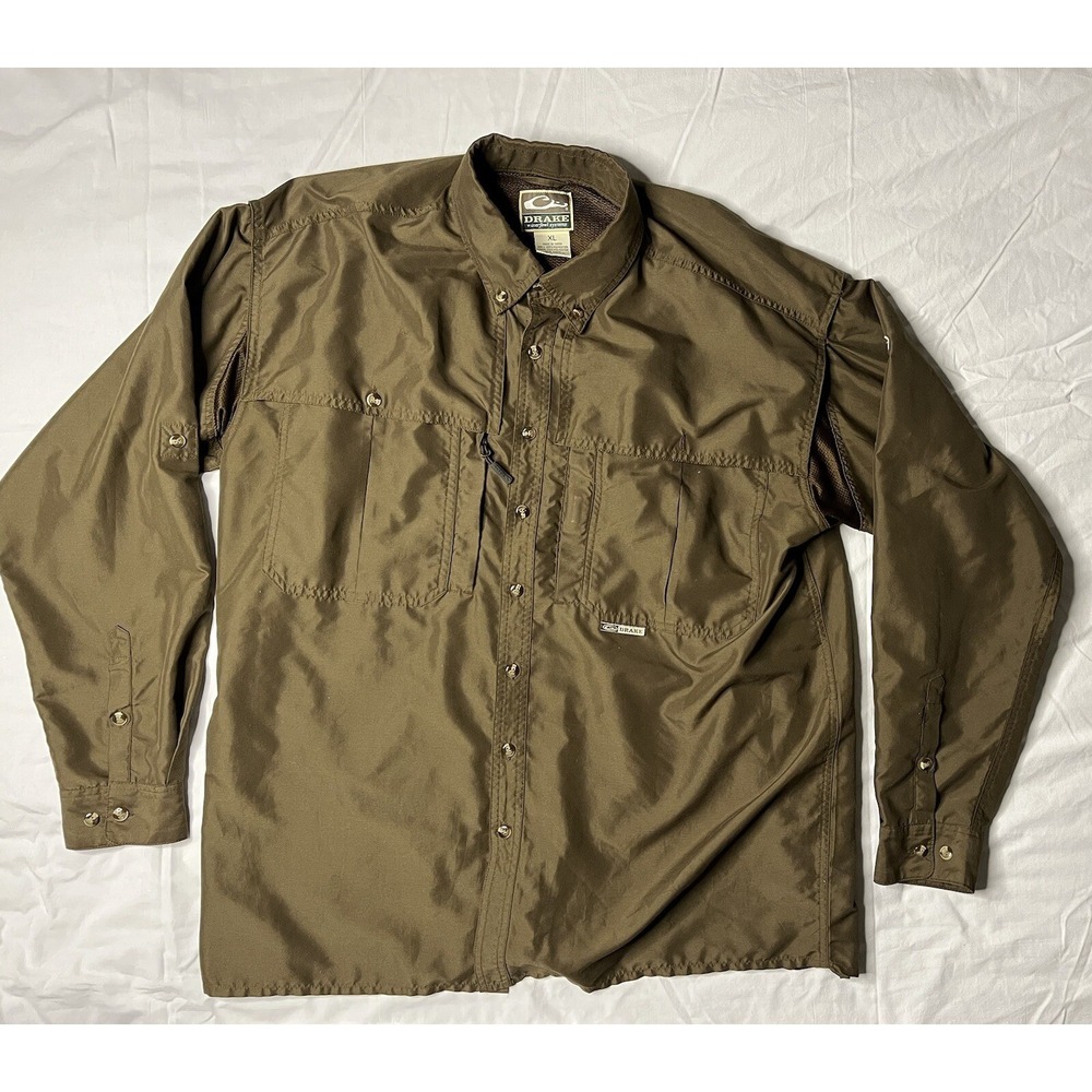 Drake Waterfowl Shirt Men's Size XL Brown Long Sleeve Button Up Vented Fishing